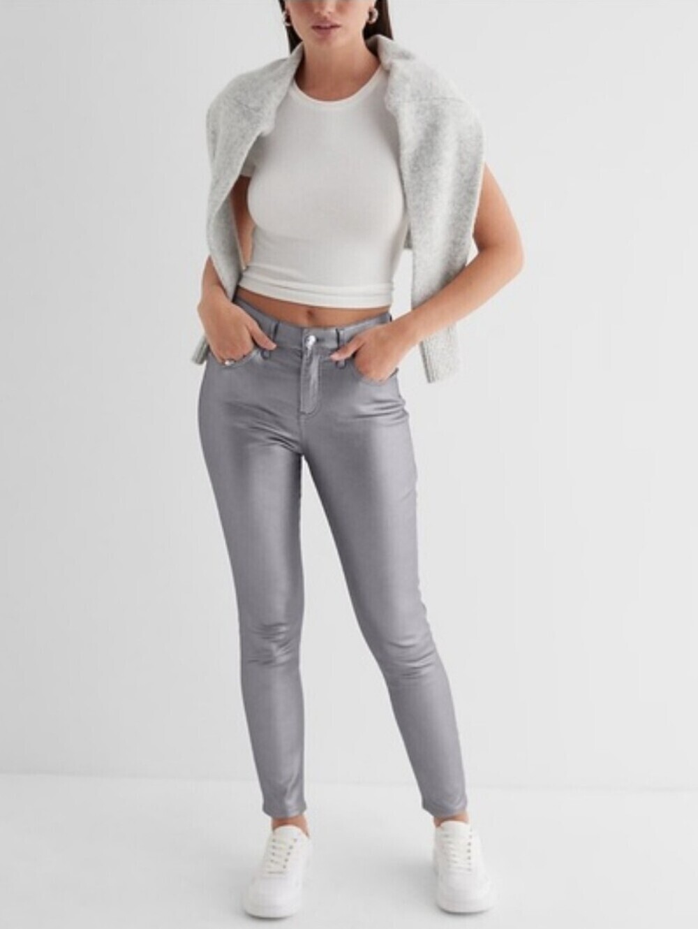 Express Mid Rise Grey Metallic Coated Skinny Jeans Size 8R